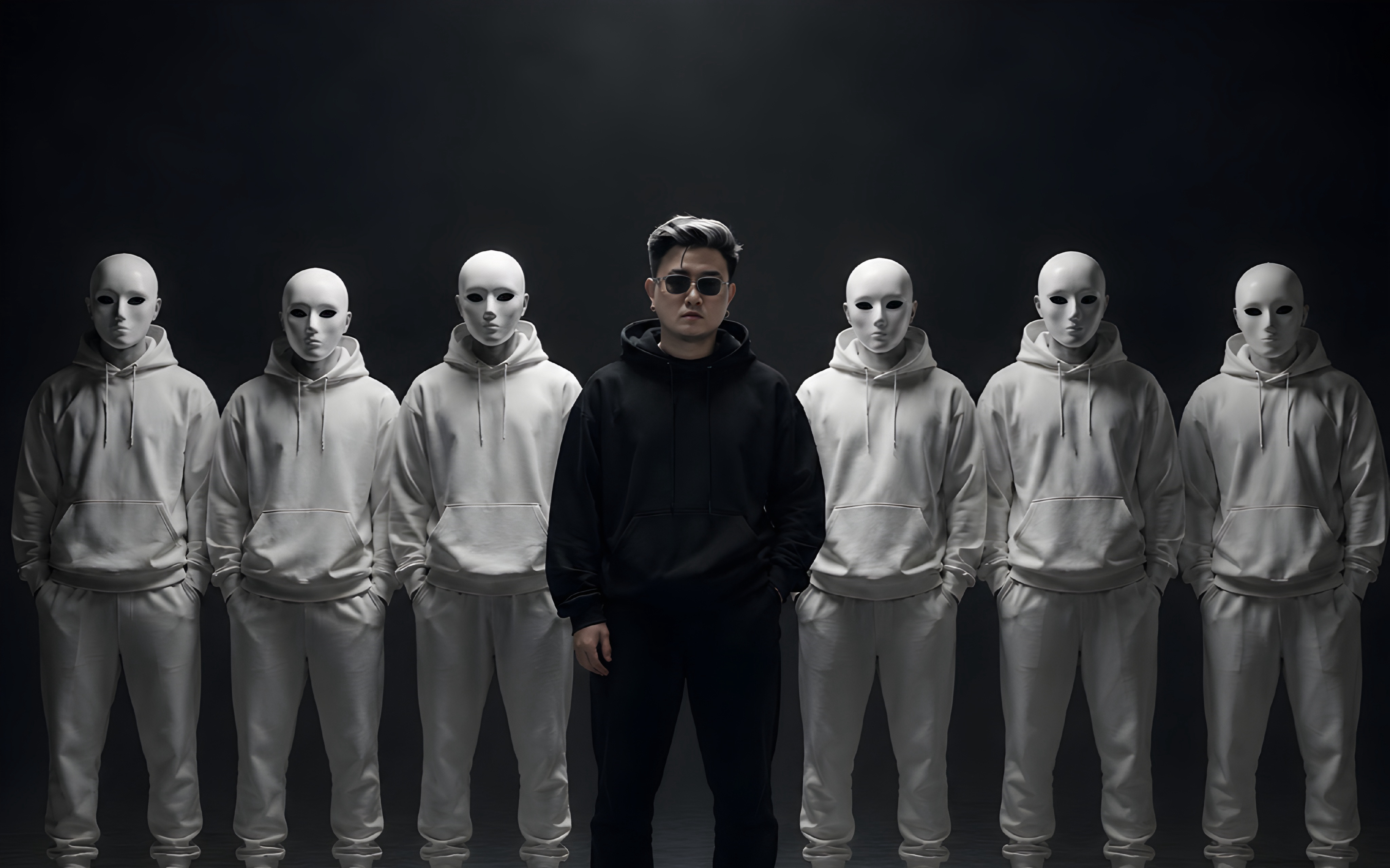 D standing in black surrounded by white masked figures