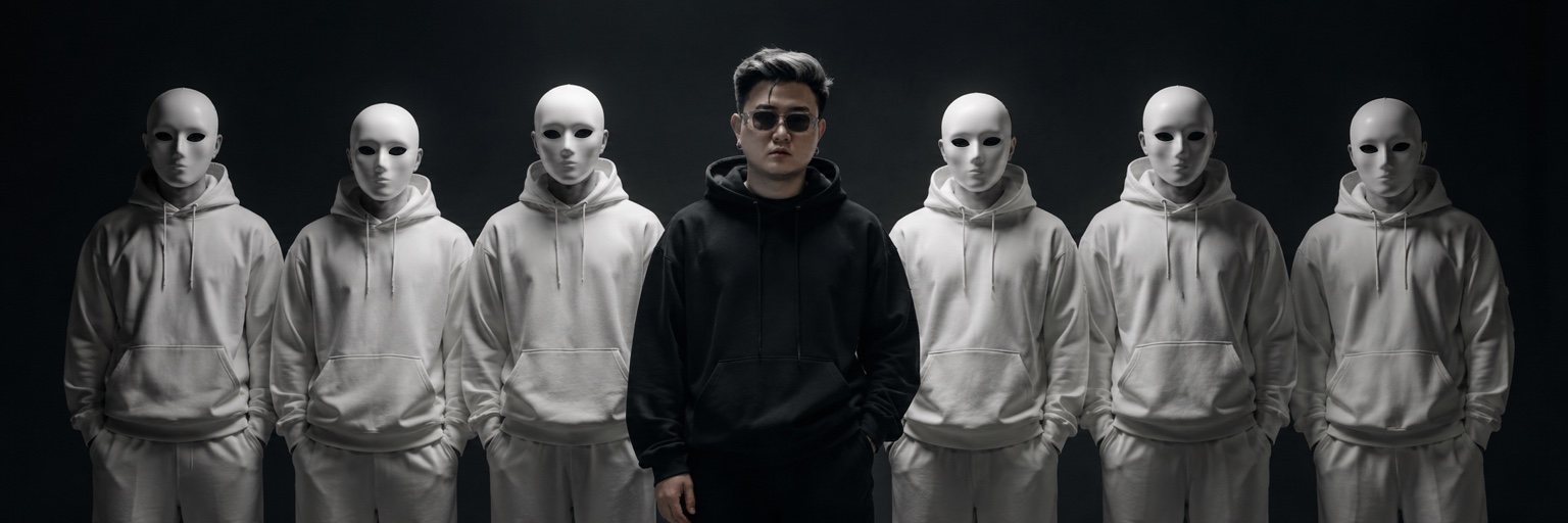 D standing in black surrounded by white masked figures
