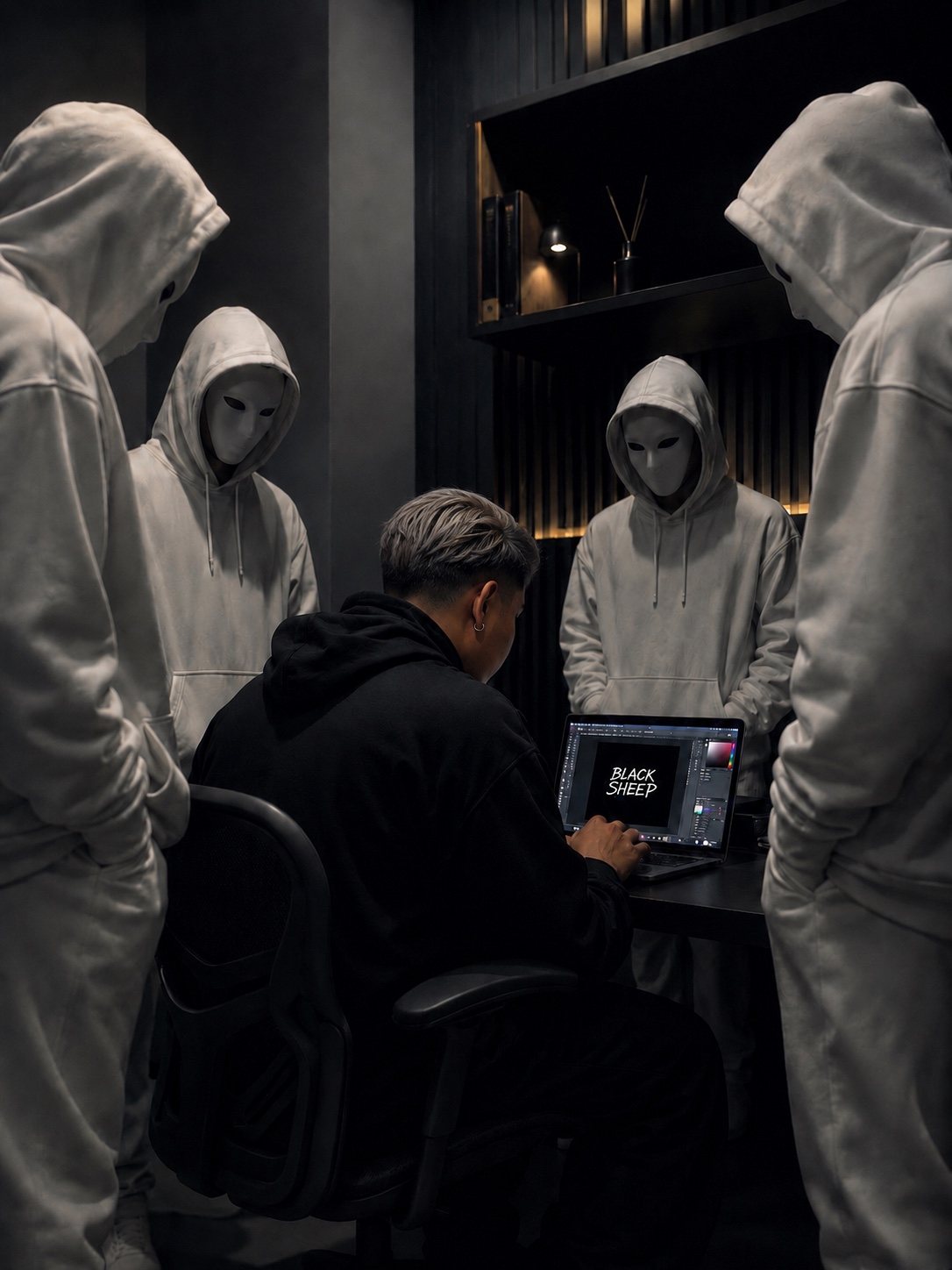D working on BLACKSHEEP on a laptop surrounded by white masked figures